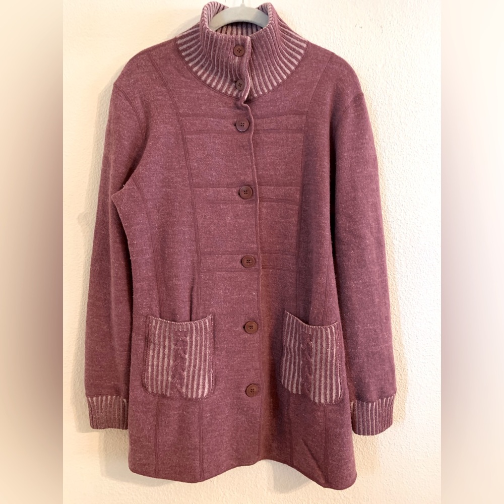 Sahalie reversible boiled wool, exposed pockets, high colllar cardigan